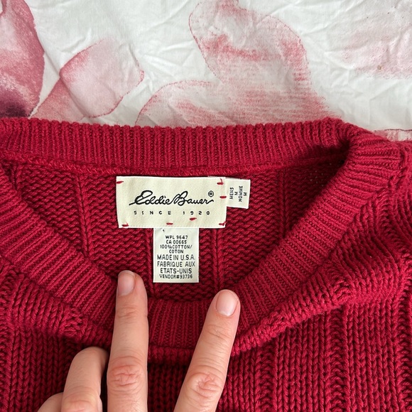 Eddie Bauer Vtg USA Made Medium Red Heavy Cotton Knit Fair Isle Pullover Sweater - Picture 5 of 9